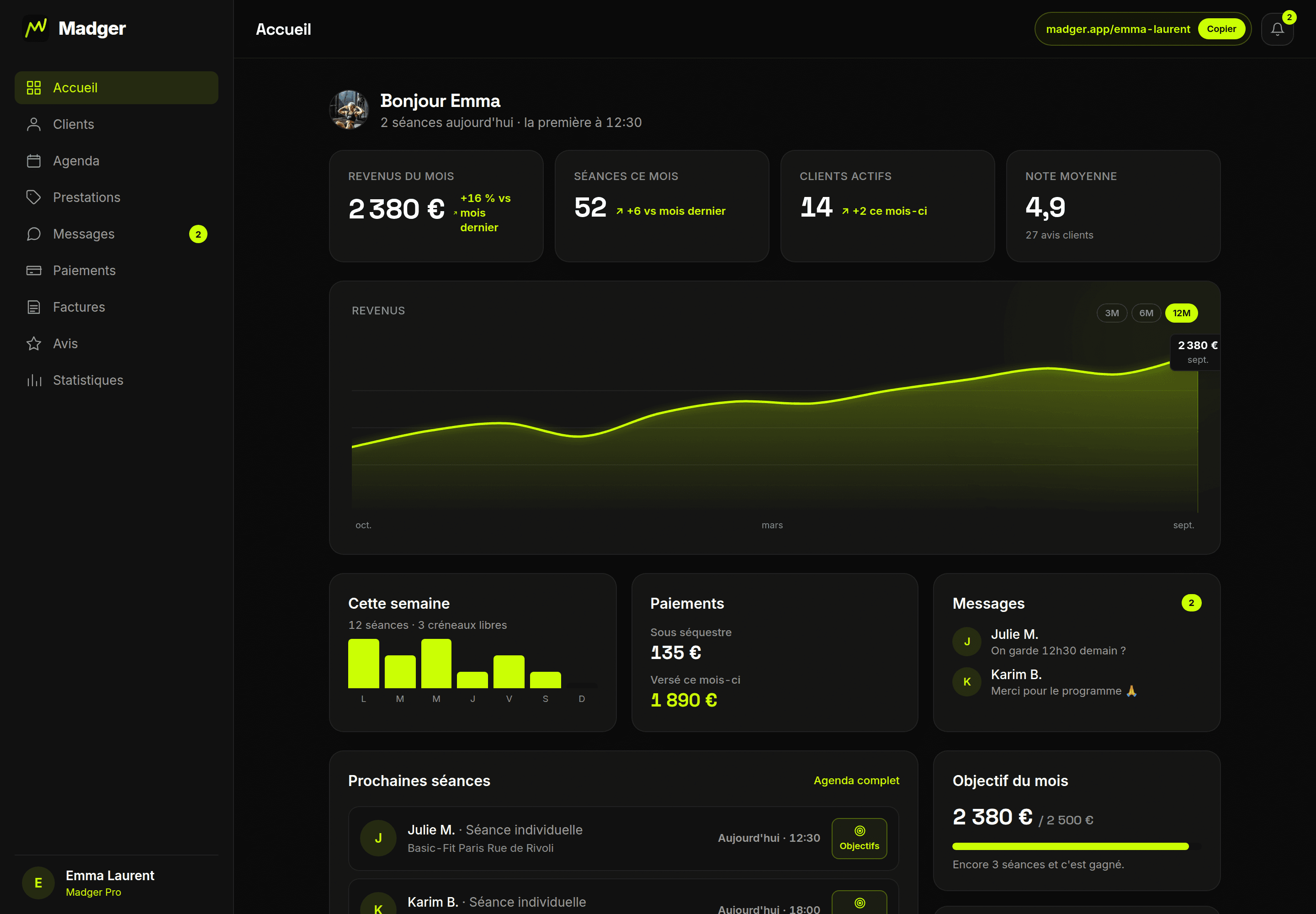 Le dashboard Madger : revenus du mois, séances, clients, note et prochaines séances